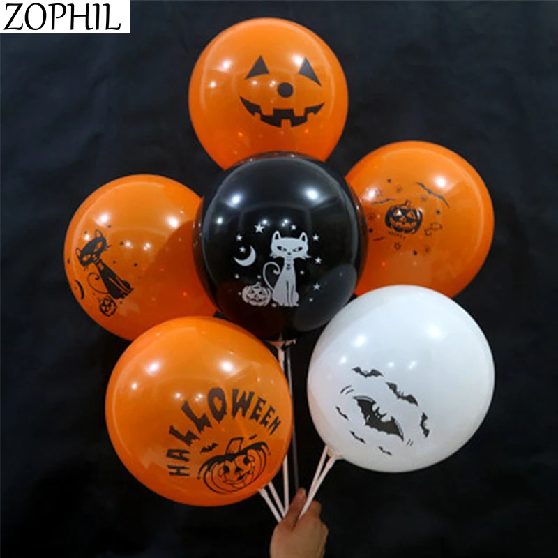 

ZOPHIL 6pcs 12inch Halloween Balloons Helium Latex Ballons Party Decorations Horror Face Mixed Black Orange Balloons Accessories