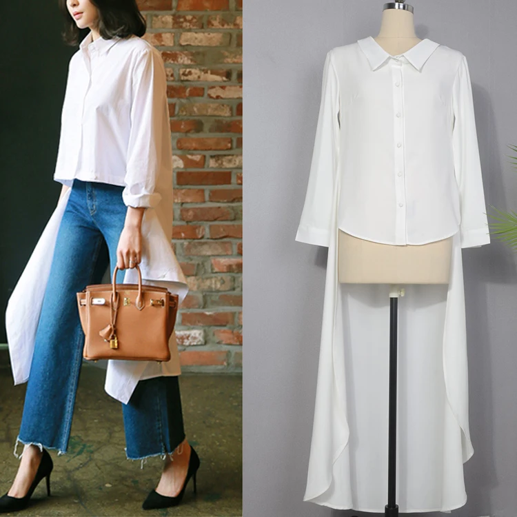 

[LIVIVIO] Summer V Collar Long Sleeves High Waist Asymmetrical Summer Harajuku White Shirt Women Chiffon Blouse Female Harajuku