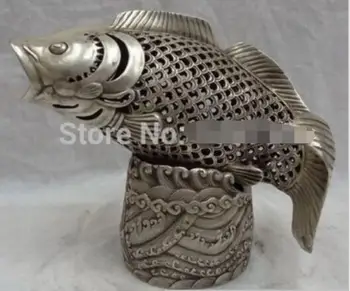 

Chinese Silver Wealth Fish Head Statue Brass Flower Incense Burner Censer