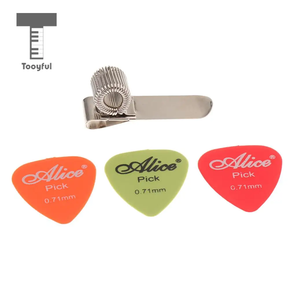Tooyful 1 Set 3Pcs 0.71mm Guitar Bass Plectrums Finger Picks with 1Pc Spring Pick Holder Organiser Musical Instrument Accessory