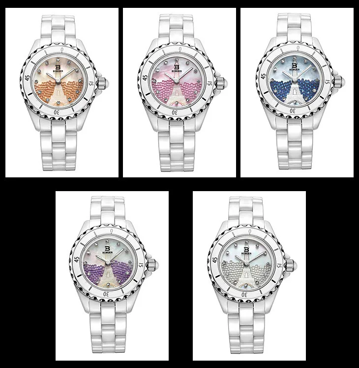 Подлинная Роскошная BINGER женские керамические кварцевые часы модные женские Алмазные Стразы алмазные водонепроницаемые рельефные Эйфелева башня