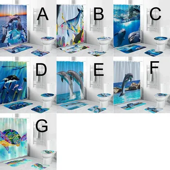 

4PCS/Set Marine Dolphin Printing Bath Set Non-Slip Lavatory Polyester Set Waterproof Shower Curtain Toilet Cover Set Decor