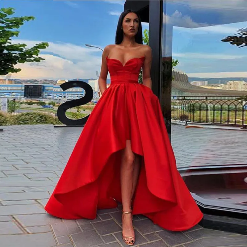 

2019 Red Satin Sweetheart Evening Party Dresses Hi Low Evening Gowns Long robe de soiree vestido longo Formal Dress Abendkleider