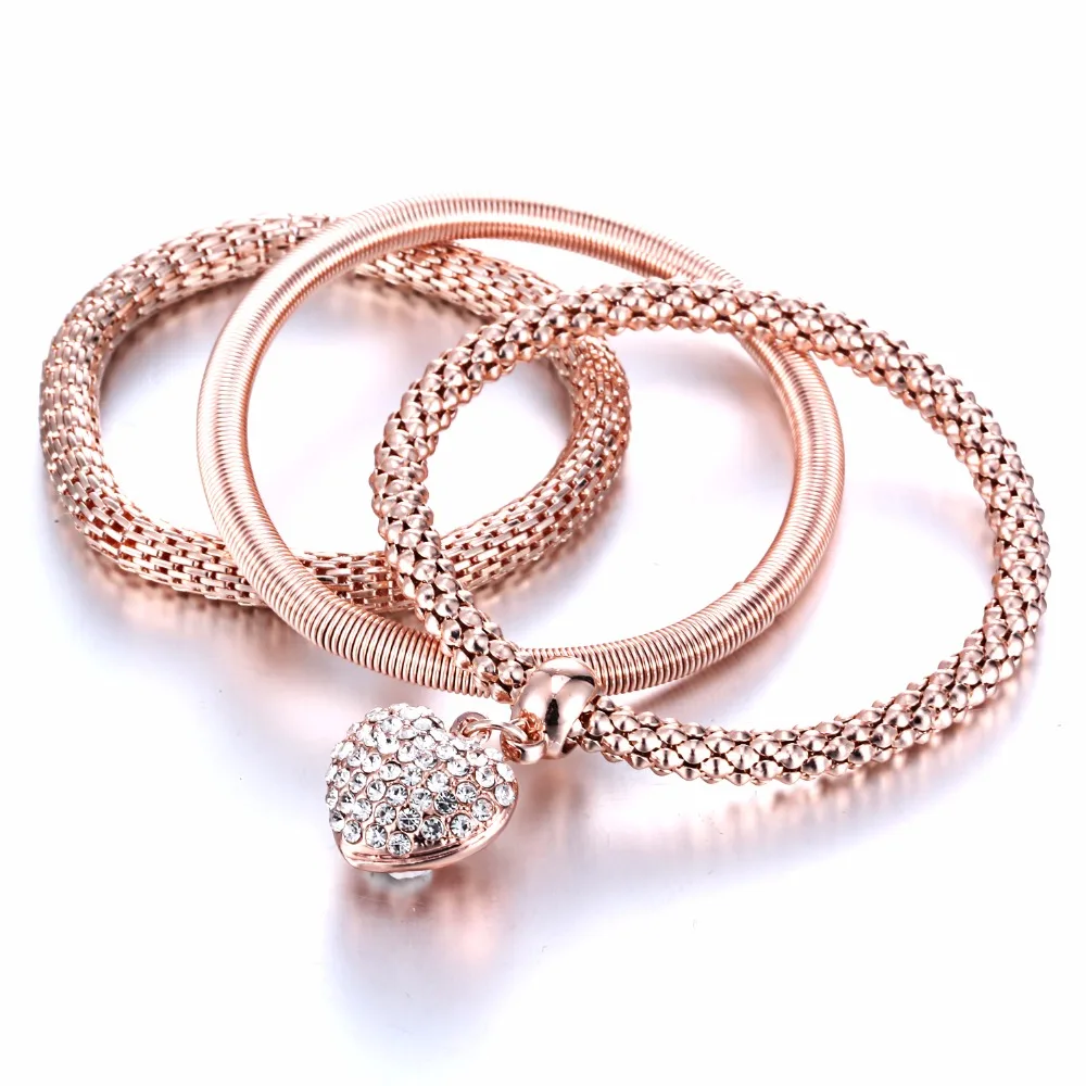 

3Pcs/ Set Rose Gold Color Bracelet and Bangles Crystal Owl Flower Pendant Women Pulseras Bracelet Rhinestone Multilayer Bangles