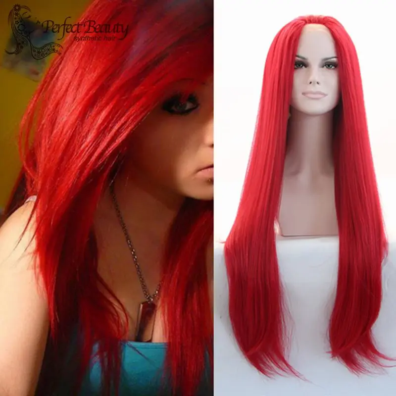 Red Lace Front Wig Long Bright Colored Wig Heat Resistant Silky
