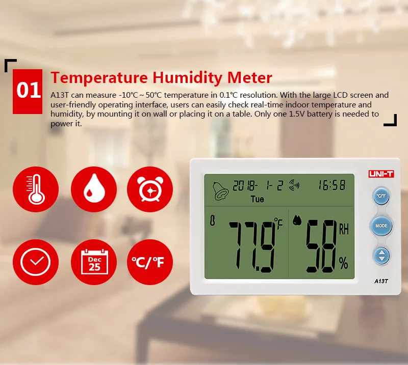 

UNI-T UT13T Temperature Humidity Meter Alarm Clock Weather Station Indoor Outdoor Instrument Room Temperature