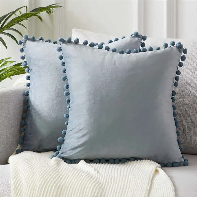 YokiSTG мягкие бархатные наволочки, однотонный чехол для подушки, квадратные декоративные подушки с шариками для дивана, кровати, автомобиля, подушки для дома - Цвет: Grey BlueSet of 2