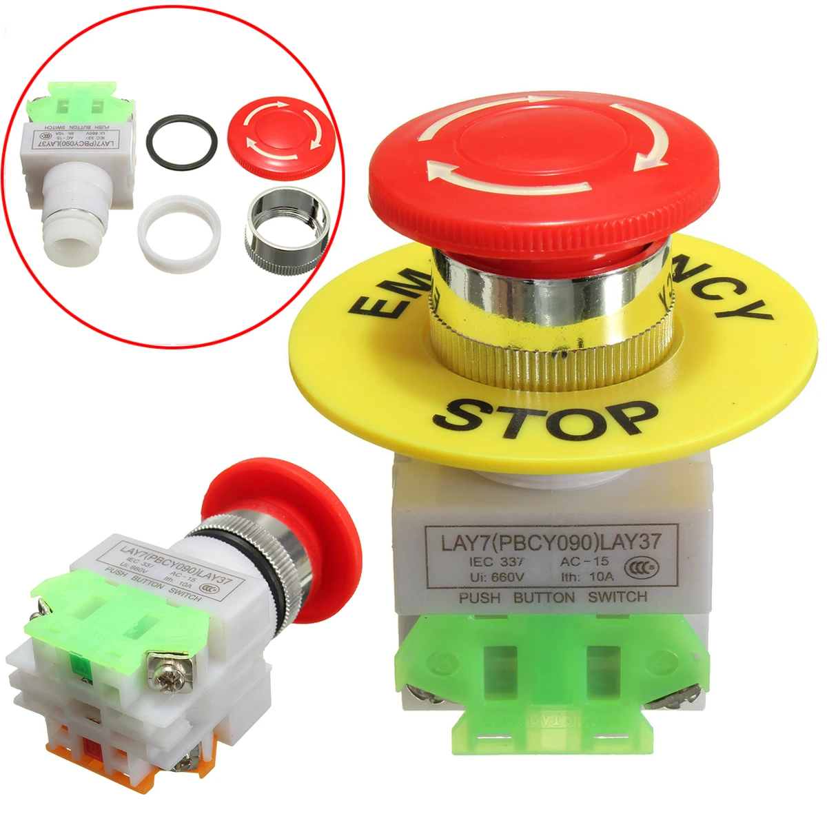 

1pc Self Locking Emergency Stop Push Button Switch 660V 10A Red Mushroom Cap E-stop Switch