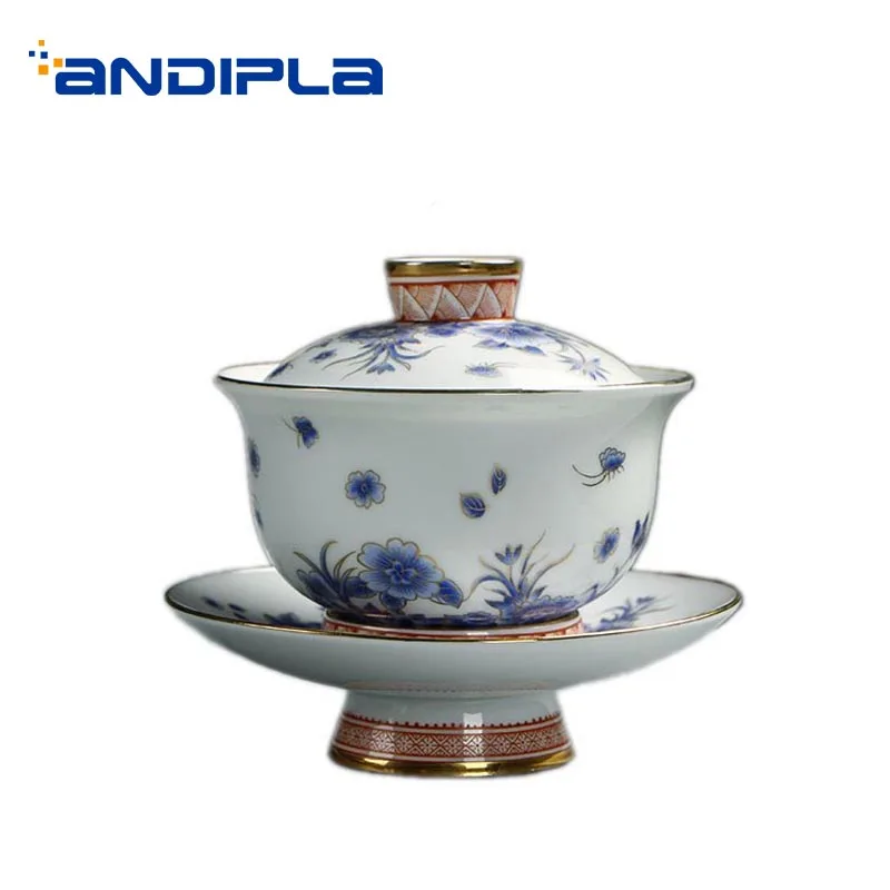 220 мл цзиндэчжэнь белый фарфор Gaiwan позолоченная чайная посуда китайская