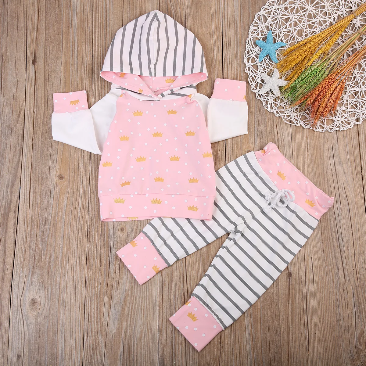 Осень г. Одежда для новорожденных девочек милый костюм принцессы тиара с капюшоном+ штаны в полоску розовый комплект одежды для малышей