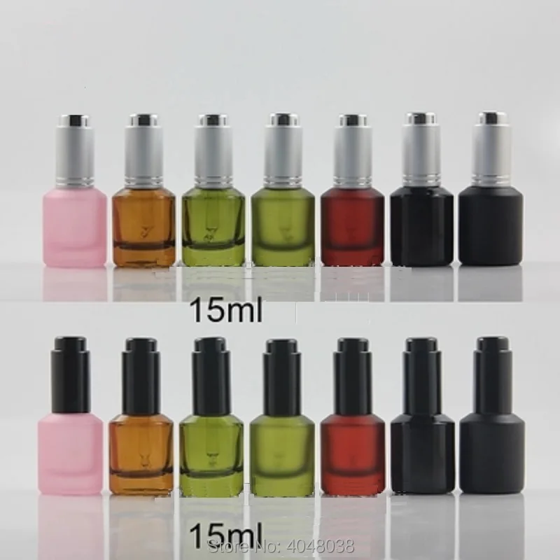 15ML Glass Dropper Bottle Essential Oil Refillable Bottles Amber Black Pink Green Vial with Black Silver Pusher Pump (15)