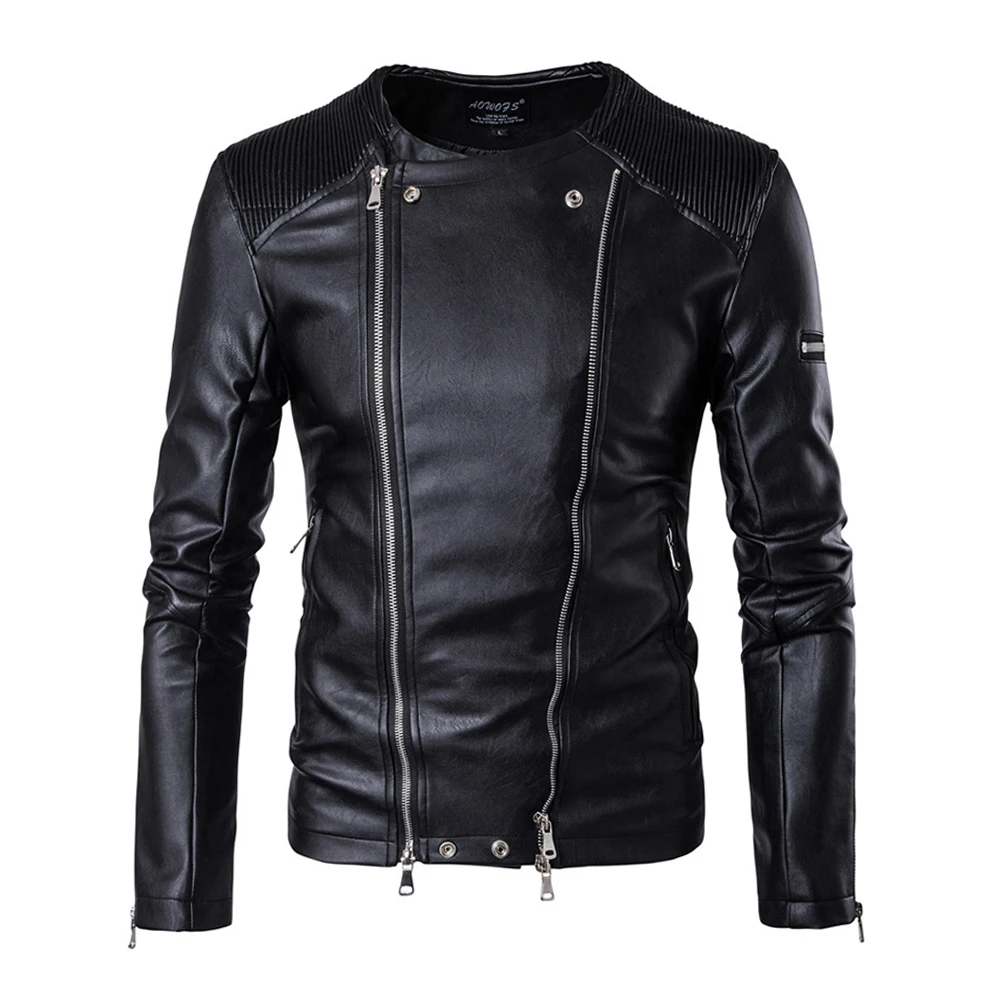 Men Jacket Winter Leather Jackets Men Collarless Motorcycle Jackets Mens 2018 Spring Slim Fit Multi Zippers Biker Jackets Coats