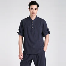 Новые летние китайский Для мужчин короткий рукав для отдыха Повседневное рубашка с хлопком кунг-фу Тай Чи Костюмы S M L XL XXL XXXL 2606