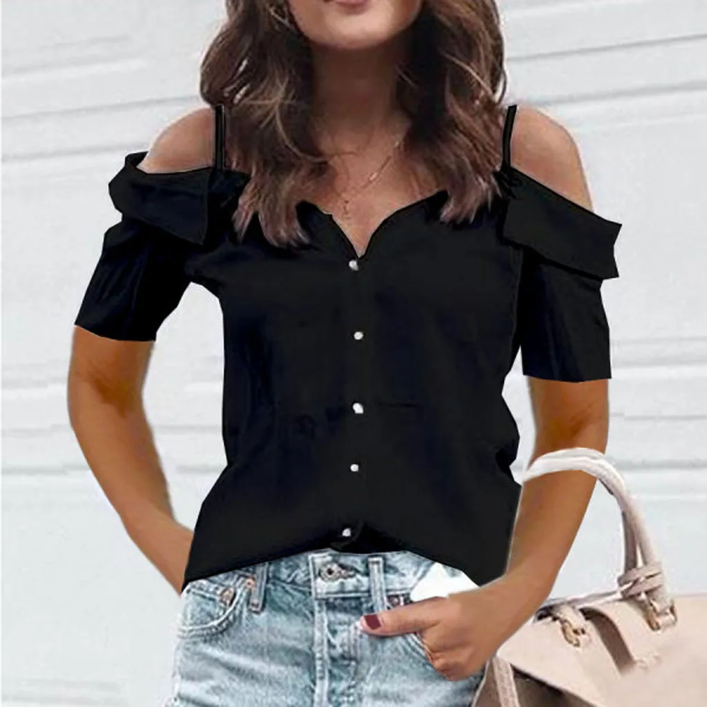 

Shirts For Women Summer Shirts Cold Shoulder Short Sleeve Shirt Casual Tunic Tops Blouse Casual Tops Blusas Femininas Chemise