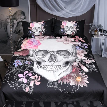 

Fashion Western Style 3D Pink Flower White Skull Pattern Bedding Set Black Polyester Fiber Fabric Duvet Cover Pillowcase