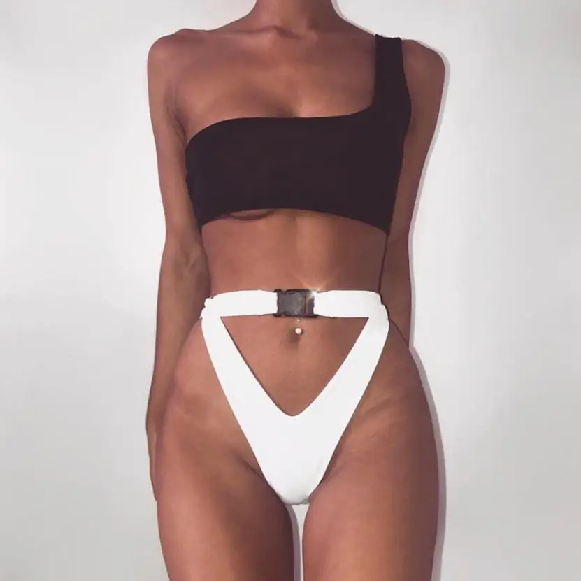 

Women Sexy Buckle Bikini Push-Up Padded Off-Shoulder Swimwear Bathing Suit with Hollow Shorts Ladies Summer Swimsuit Beachwear