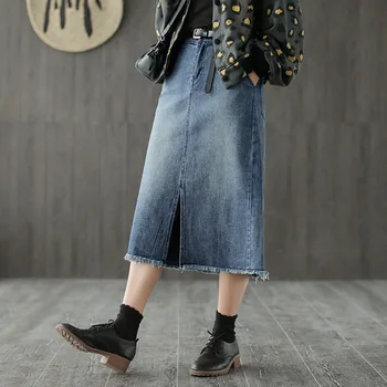 

Runback Denim A-line Blue Skirt Jeans Long Maxi Skirt for Women Jupe Longue Plus Size Solid Split 2020 Spring New Skirts Womens