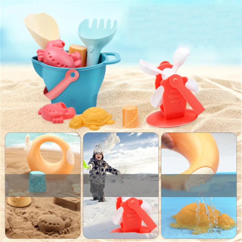 7Pcs Kids Outdoor toys Soft Rubber Beach Game Toys Set Shovels Rake Hourglass Bucket Animals Playset Role Play Toy Summer Hot