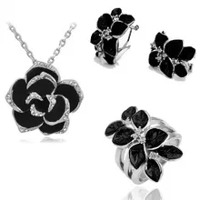 JS S058 Черная роза цветок Цепочки и ожерелья Комплект Высокое качество Серебряные комплекты ювелирных изделий безникелевое ожерелье комплекты серьги и кольцо