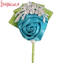 Wifelai-искусственные атласные розы, корсажи жениха, голубого и зеленого цвета, брошь с кристаллами, свадебная бутоньерка невесты, XH001D