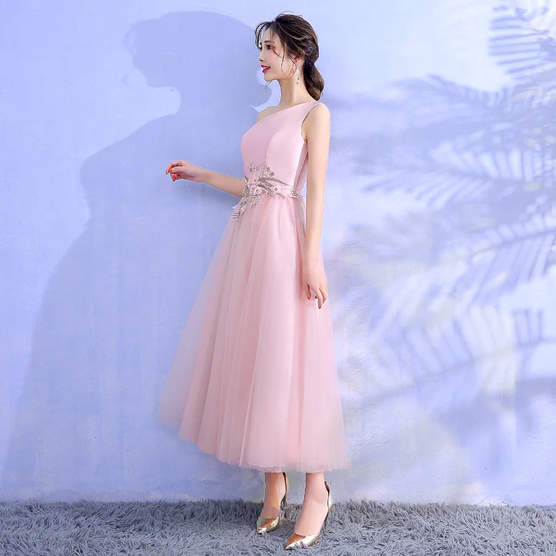 

Bridesmaid Special Occasion Dresses Midi Dress Embroidery Wedding Party Dress One Shoulder Back of Bandage Pink Colour