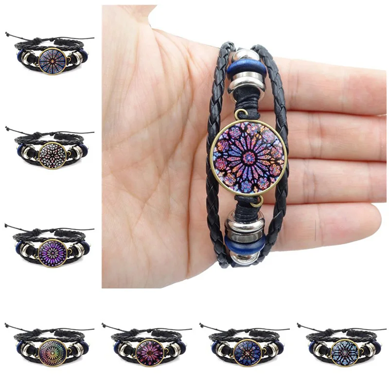 

12 Style Colourful Rose Window Leather Braided Bracelet Notre Dame De Paris Cathedral Jewelry Multi-layer Bracelet Women Gifts