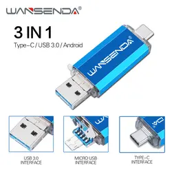 Флэш-накопитель wansenda 3,0 OTG USB флэш-накопитель 16 ГБ, 32 ГБ, 64 ГБ 128 GB 256 GB высокая Скорость 3 в 1 Micro usb Stick Тип-C флешки