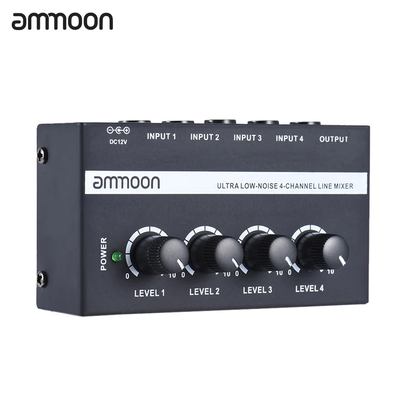 

ammoon MX400 4 Channels Mixer Mixing Console Ultra-compact Low Noise Line Mono Audio Mixer with Power Adapter