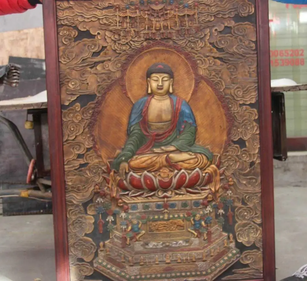 

Tibet Wood inlay Copper board Painted Buddhism Tathagata Buddha Shrines Thangka