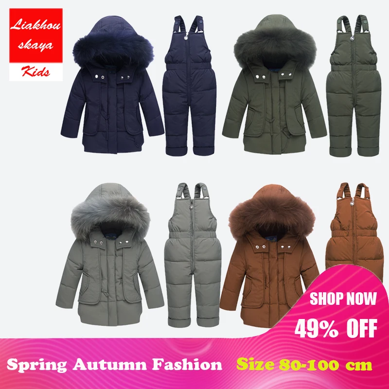 

2018 New Baby Coat+Suspender Jumpsuit Winter Children's Clothing Sets Warm Boy Ski Suits Snowsuits Real Fur Girl's Down Jackets
