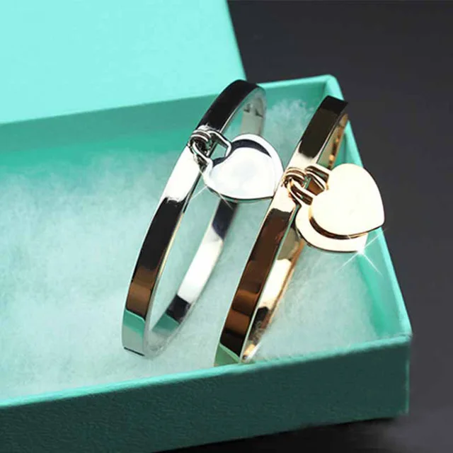 

Hot New Fashion Gold Color 316L Stainless Steel Bangels two heart double T letter Bracelets for women jewelry wholesale