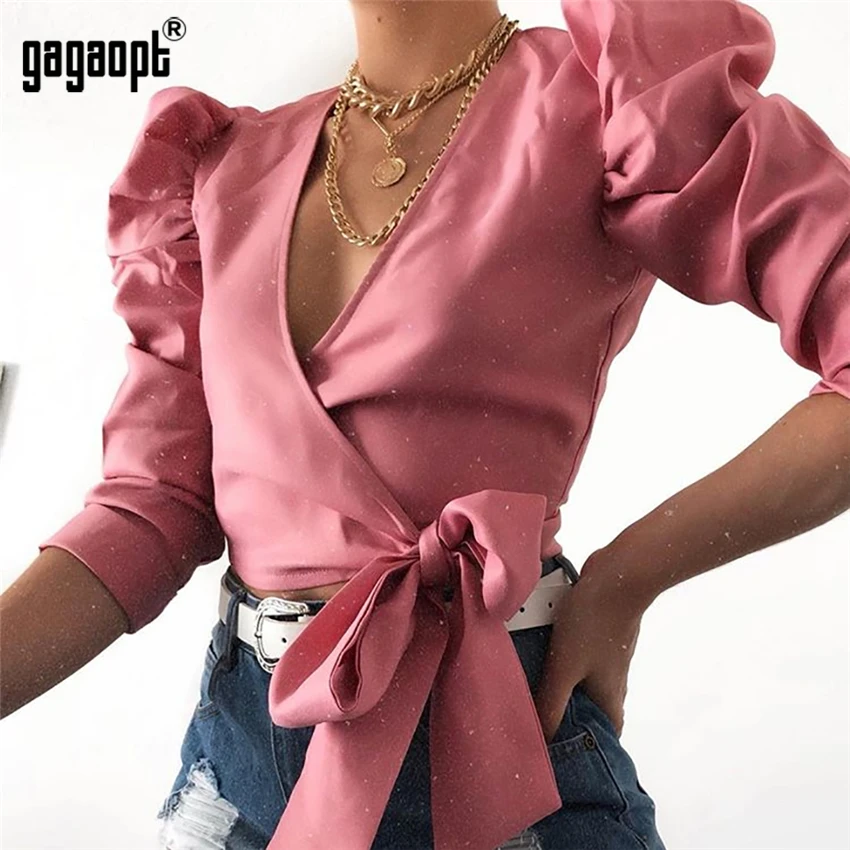 

Gagaopt Women Sexy V neck Backless Tops Long Sleeve Elegant Crop Tops T-shirt Leisure Vacation Home Clothing