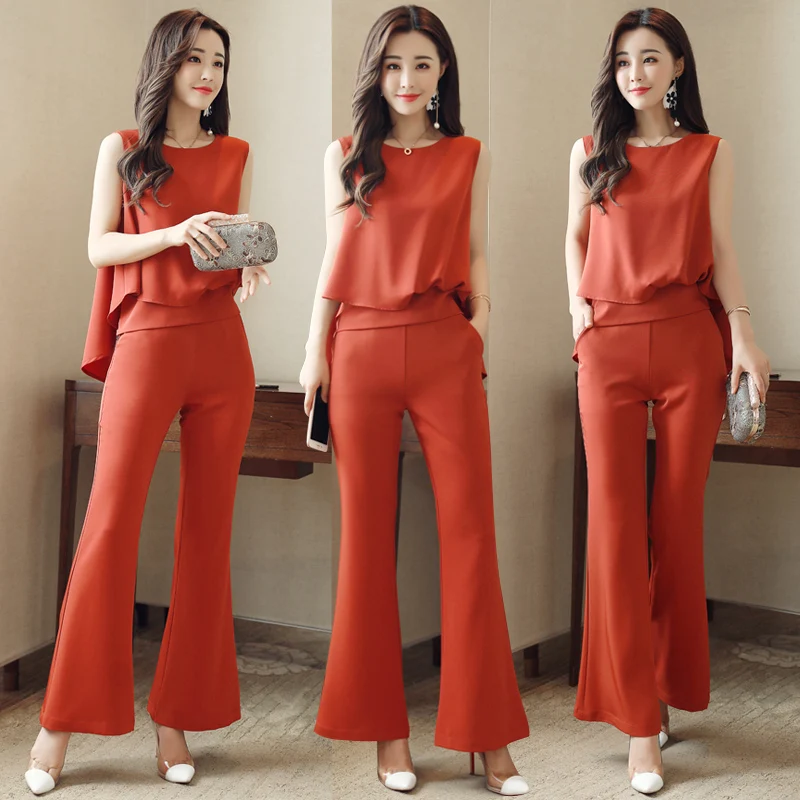 

Hot sale solid color trousers sets 2019 Summer 2 Pieces Women sleeveless shirt blouse and long Pants Suits very good quality