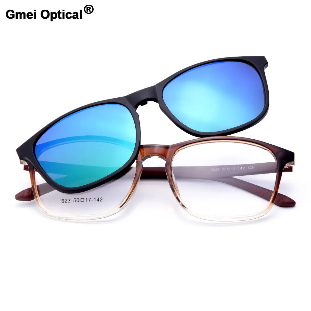 

Gmei Optical 1623 Urltra-Light TR90 Eyeglasses Frame with Polarized Clip-on Sunshades for Women and Men Eyewear