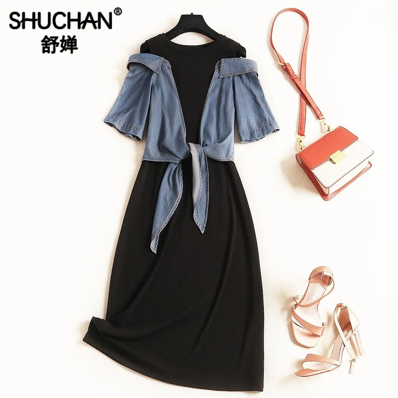 

Shuchan Designer Women Dresses 2019 High Quality Patchwork Denim Casual A-Line Off The Shoulder Short Sleeve Midi Dress 51445