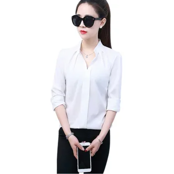 

Liva Girl Sexy V-Neck shirt women OL formal long sleeve chiffon blouse office ladies Solid plus size tops