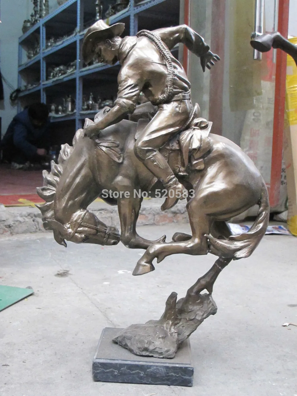 SCY 25"Western Art Copper Bronze Marble sculpture knight Cowboy tame Horse Statuestatue horse