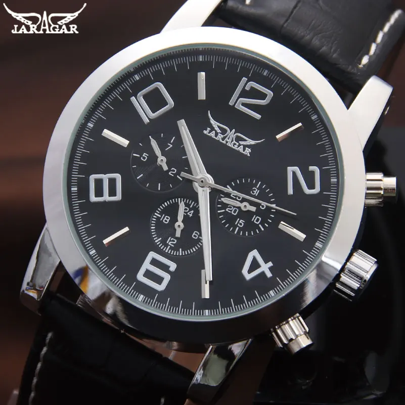 

JARAGAR Brand Men Automatic Mechanical Watch Mens Fashion Dress Wristwatches Black White Dial Leather Band Watch 24 H Auto Date