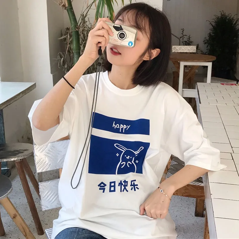 

Fashion WomenWhite T-shirt Summer Cotton Chinese Character Print O-neck short sleeve tee shirt femme loose Top