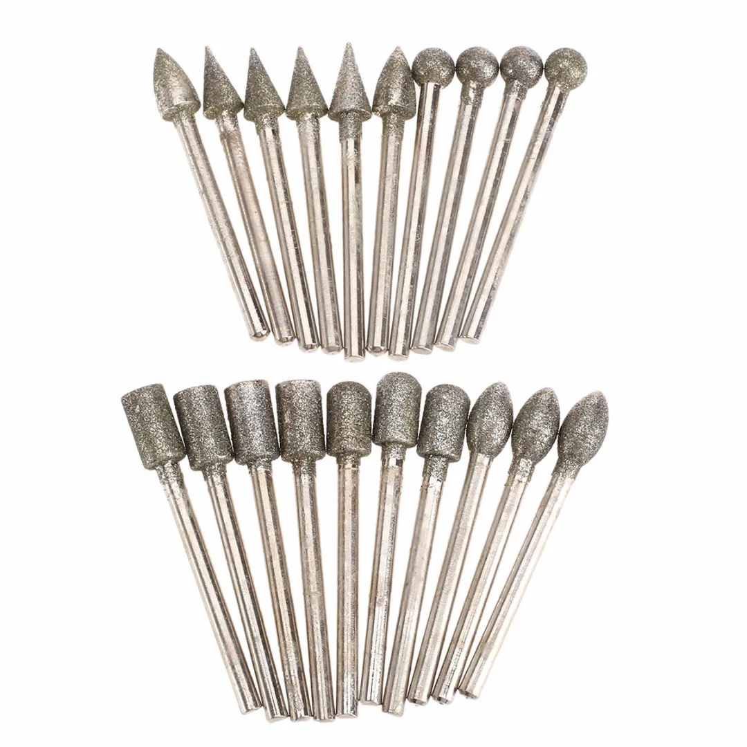 20pcs/set 3mm Shank Diamond Grinding Heads Mini Drill Burrs Bit Set for Rotary Tool