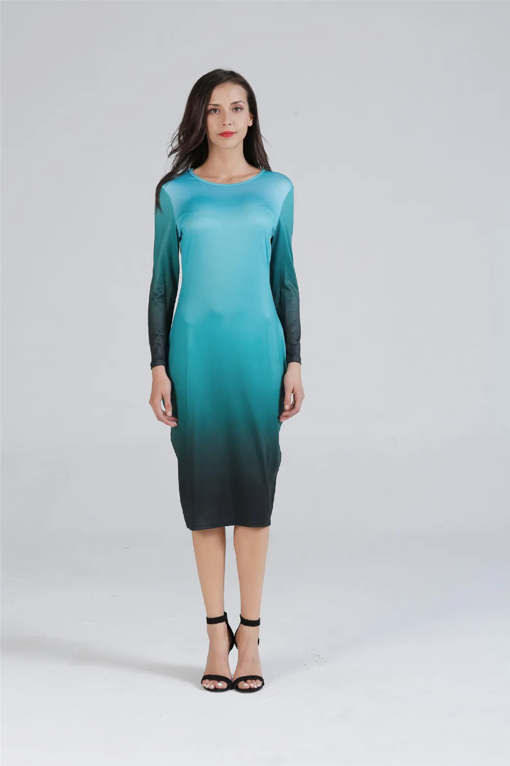 Women Basic Dress 2018 Gradient Ramp O Neck Long Sleeve Slim Dresses Bodycon Midi Office Working Dress Elegant All Match (33)