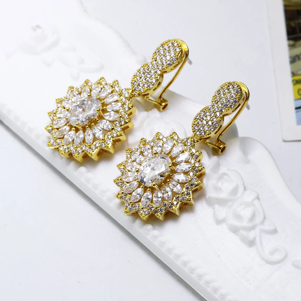 Big wedding jewelry women earrings shiny cubic zirconia crystal jewellery Gold-color large party earrings