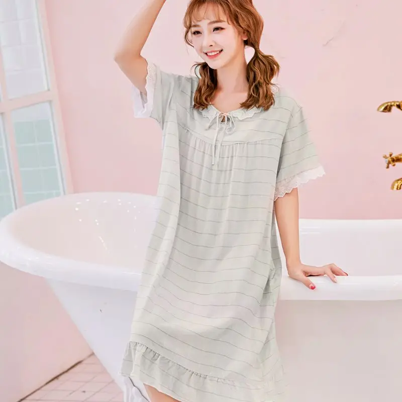 Female Sleepwear Summer Short Sleeve Night Dress Cotton Nightgown Negligee Casual Sleep Shirt Plaid Nightwear Nightdress