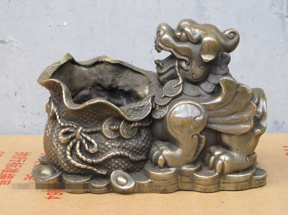 

8"China Bronze Feng Shui Bi Coin wealth Pi Xiu a bag Full of money for you
