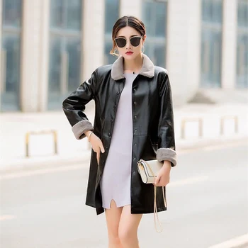 

Women PU Leather Coat 2018Winter Leather Jacket Female Black Wine Shearling Coat Fur Collar Warm Leather Jacket Outerwear