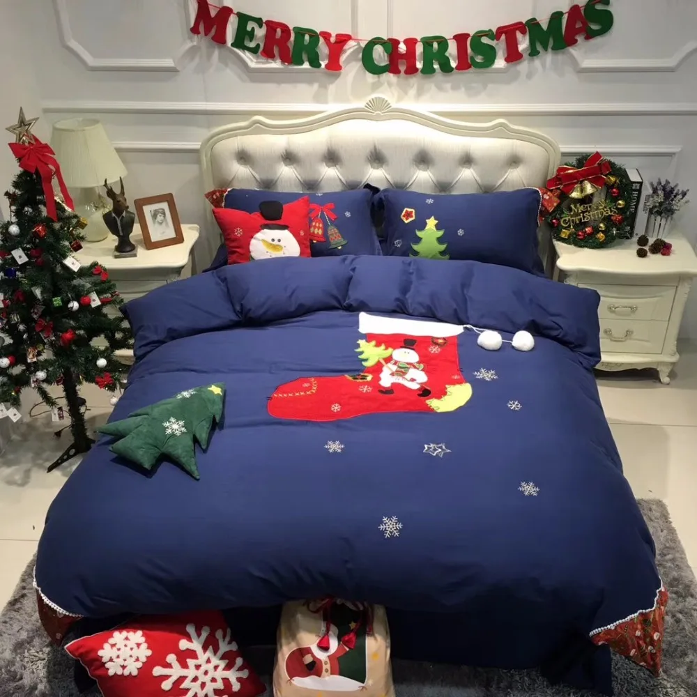 

2017 Sanding Cotton Embroidery Bedding Set Queen/Europe/King Size Bed Linen/Duvet Cover for Christmas Home Textile 4Pcs