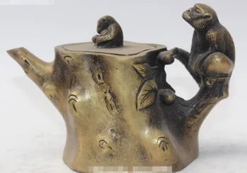 

6" Old Chinese Bronze Monkey Monkeys Animal Wine Tea Pot Flagon Kettle Statue