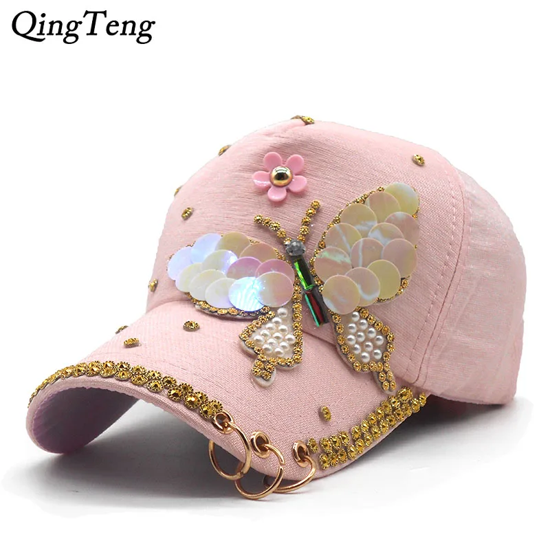 

Luxury Women Baseball Cap Brand Bling butterfly Pearl Sequins Hip Hop Cap Vintage Snap Back Design Cap Casual Snapback Hat New