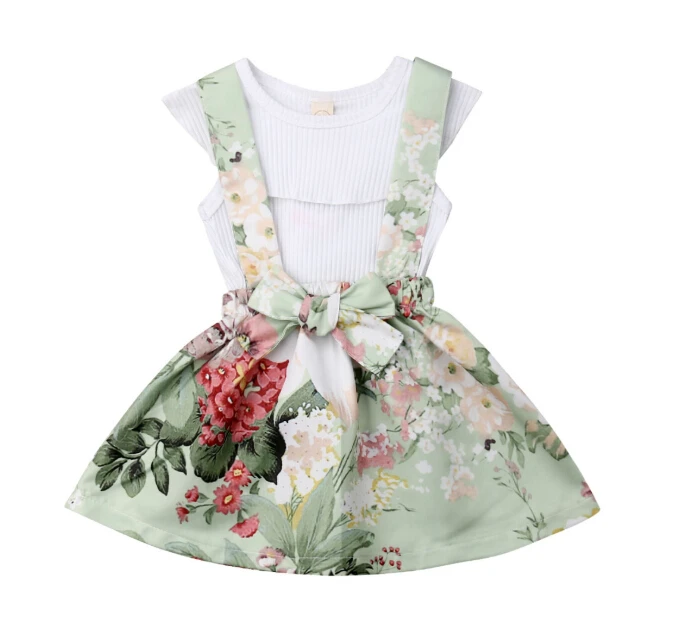 FOCUSNORM/сарафан; летняя стильная одежда для маленьких девочек; Однотонный детский пуловер без рукавов с оборками+ платье с цветочным принтом и бантом на бретельках; наряд для малышей - Цвет: Белый