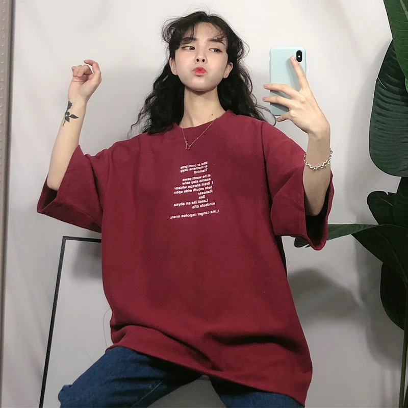 

3 Colors Mihoshop Ulzzang Korean Korea Women Fashion Clothing Round Neck Red Letter Print Loose T shirt Tops